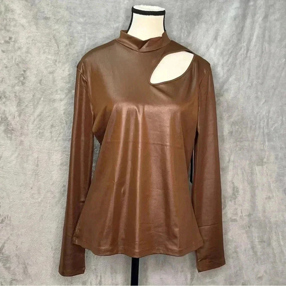 Olivia‎ Jordan Long Sleeves High Neck Liquid Shine Front Cut Out Top Blouse Sz L - Picture 1 of 8